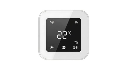 Smart Home Digital Thermostat Modern White Square Design with 22C Display WiFi Icons and Climate Control Symbols.
