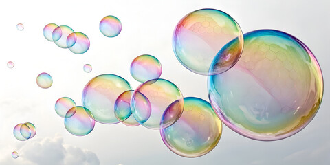 Floating rainbow bubbles transparent on white background in dreamy abstract design
