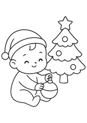 coloring book of a baby placing an ornament on a small Christmas tree, delighted by decorating.