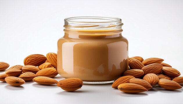 minimalist almond butter jar on white background