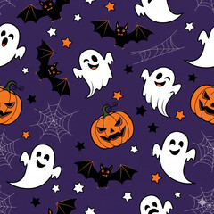 Cute Ghosts Seamless Pattern Bats and Pumpkins ,Halloween Night Sky Pattern.