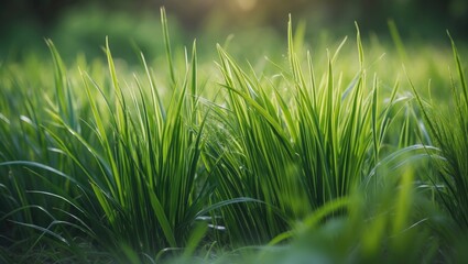 Lush green grass in a field, vibrant and fresh. Nature and vegetation, concept. Growth and sustainability. The concept of nature and plant life.