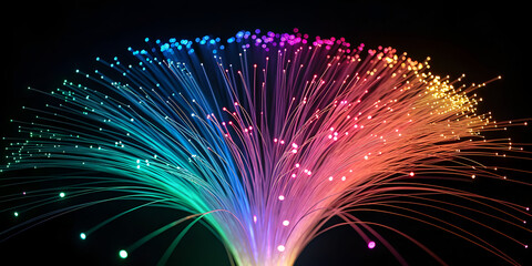Neon fiber optic glowing strands isolated on dark futuristic abstract background