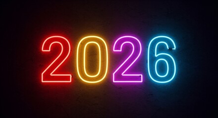 Neon glowing numbers 2026 on dark background for New Year's Day  