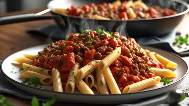 Plate of pasta with meat sauce, fresh herbs, and chopped vegetables, with a skillet of the sauce in the background. Food and cuisine, Italian traditional meal. Pasta and sauce, food presentation.