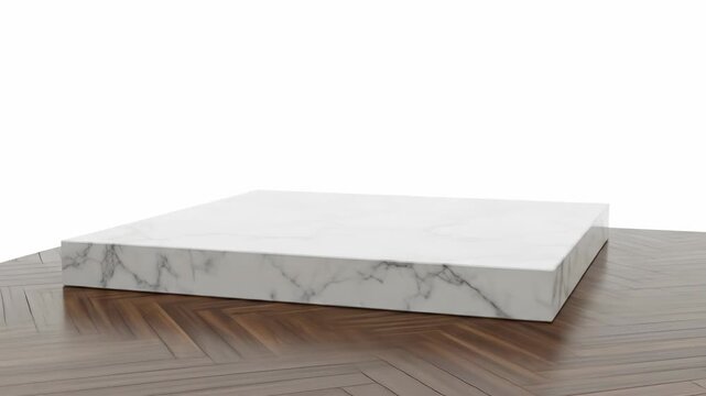 A marble square block sits atop a wooden, parquet-style surface, with a gradient white background. The block shows grey veining