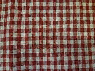  top-down view of a red and white checkered cloth. The fabric appears to have a slightly rough texture, similar to linen or burlap, and is woven in a classic gingham pattern.