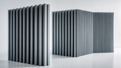 Obraz premium Abstract modern art installation with vertical grey panels creating a wave pattern, minimalist style, interior design, contemporary decor.