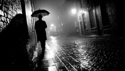 A solitary figure in a dark, rainy alley