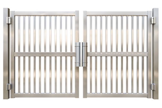 Polished stainless steel double security gate with latch isolated on a transparent background