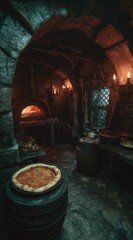 Dimly lit arched stone room with a pizza on a barrel in the foreground, and a glowing oven visible in the background