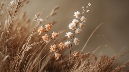 Fototapeta premium Dry grass with blooming flowers in a field, nature scene, floral, outdoor environment, and serene landscape.
