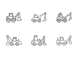 Outline Vector Set of Backhoe Loader Icons Construction Equipment Machinery Collection Heavy Equipment Vehicles for Building and Excavation Projects Minimalist Design