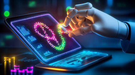 Robotic Hand Interacting with a Digital Tablet Displaying a Colorful DNA Strand