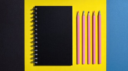 Flat-lay of a closed, spiral-bound notebook and pink pencils with blue tips on a multi-colored background of yellow, blue and black segments