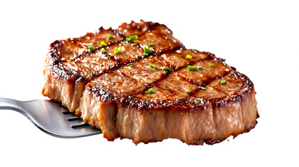 Juicy grilled steak on a fork against a white background with copy space