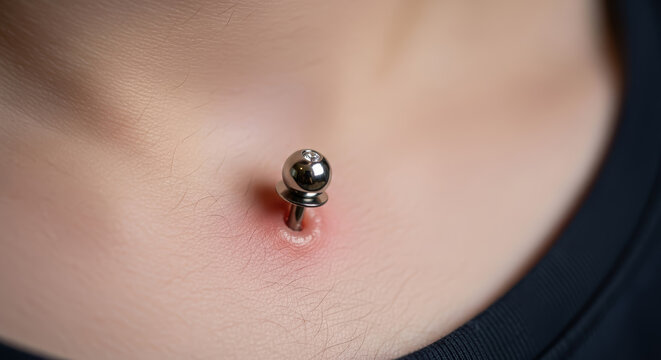 Close-up of a body piercing featuring a metallic barbell with a shiny ball, showcasing skin texture and details, emphasizing personal expression and body art culture