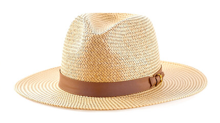 Stylish straw hat with a brown band on a white background with copy space
