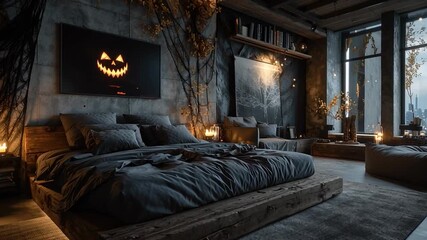 Cozy bedroom decor for holiday atmosphere: An evocative shot of a stylish and luxurious bedroom, artfully decorated to evoke the spirit of the holiday season.