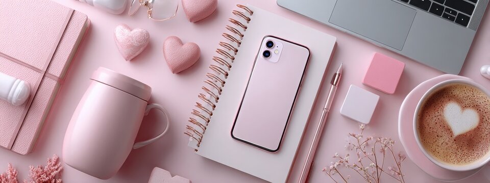 Naklejki Create a charming workspace for Valentine's Day with soft colors and cozy vibes