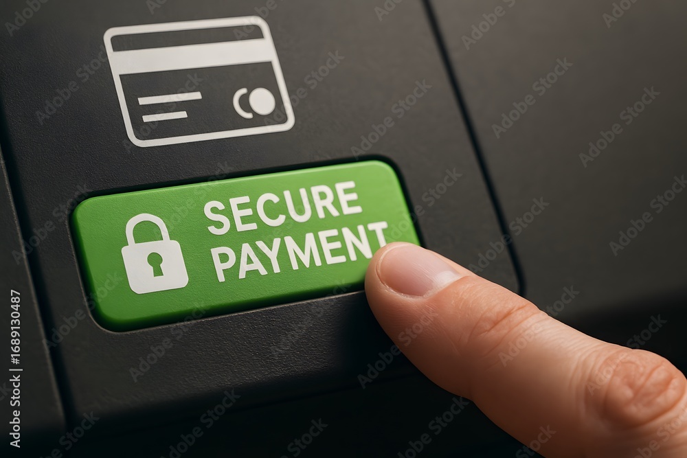 Poster secure payment button with credit card symbol being pressed.