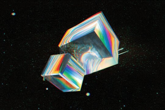 Una imagen abstracta de dos prismas interconectados, reflejando un paisaje c&oacute;smico.