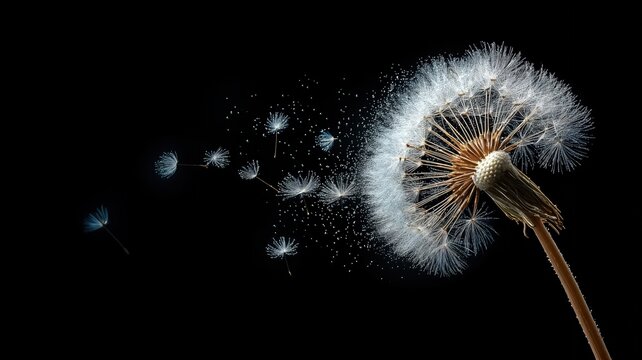 Una fotografía artística de un diente de león en pleno vuelo, con sus semillas dispersándose al viento sobre un fondo negro.