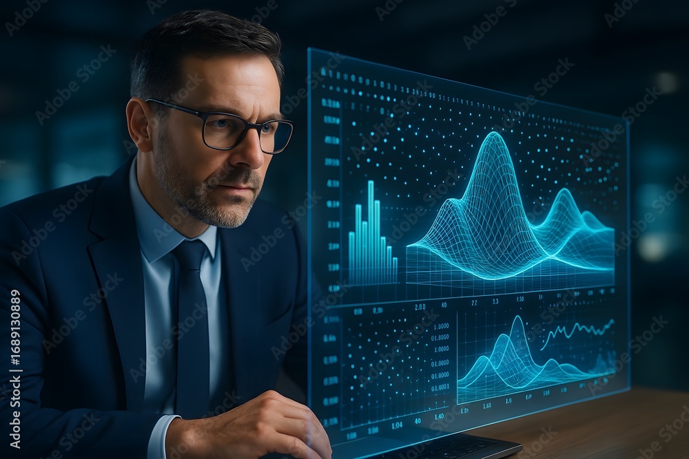 Poster a professional working on digital data analysis.