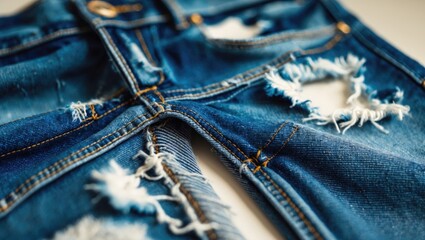 Close-up of distressed denim jeans with ripped fabric and frayed edges. Fashion and clothing, casual wear, textile details. The style of worn and torn denim fabric.