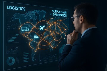 A businessman contemplating the complex global logistics network and supply chain optimization.