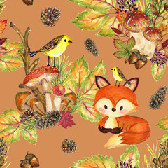 Woodland Cute Fox Little Bird with Pumpkins and Mushrooms Autumn Seamless Pattern for fashion, interior, wallpaper 