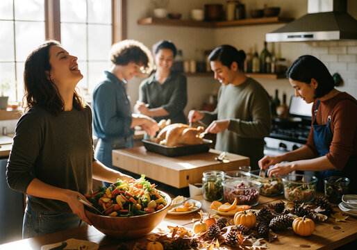 Diverse friends laughing and cooking a Thanksgiving meal together