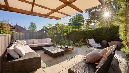 Fototapeta premium beautiful outdoor living space with comfortable seating and sunshade at a modern house during the day