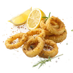 Crispy fried calamari rings with lemon wedge on transparent background for seafood branding