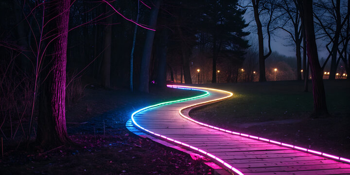 Neon ribbon trail glowing on dark void in futuristic abstract light design