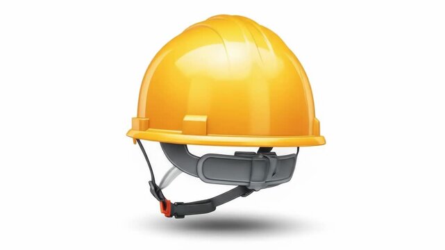 A glossy, yellow protective helmet floats against a white backdrop. It features an interior suspension system of grey and black straps and a chin strap