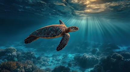 Obraz premium サンゴ礁の上を泳ぐウミガメと水中からの光線 | Sea Turtle Swimming Above a Coral Reef with Sunbeams Underwater