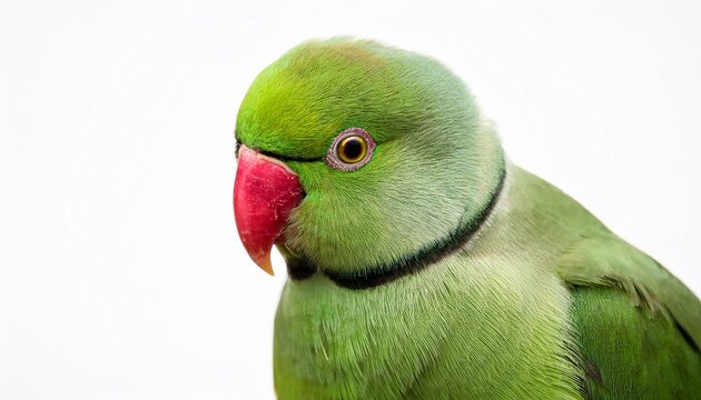 vibrant green rose ringed parakeet bird posing against white background