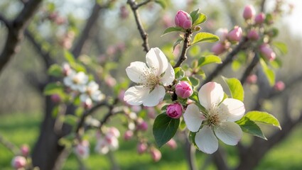 Flowering apple blossoms with pink buds and green leaves on branches, blooming in springtime.