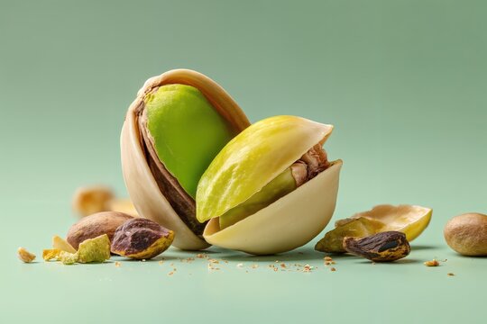 Una fotograf&iacute;a de primer plano de una pi&ntilde;a de pistacho abierta, revelando su interior verde vibrante.