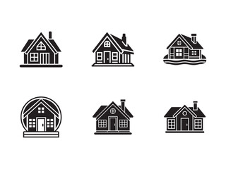Set of Black and White House Icons Depicting Different Architectural Styles and Designs for Real Estate Concepts