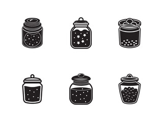 Set of Black and White Jam Jar Vector Icons for Kitchen Decor and Pantry Storage Solutions