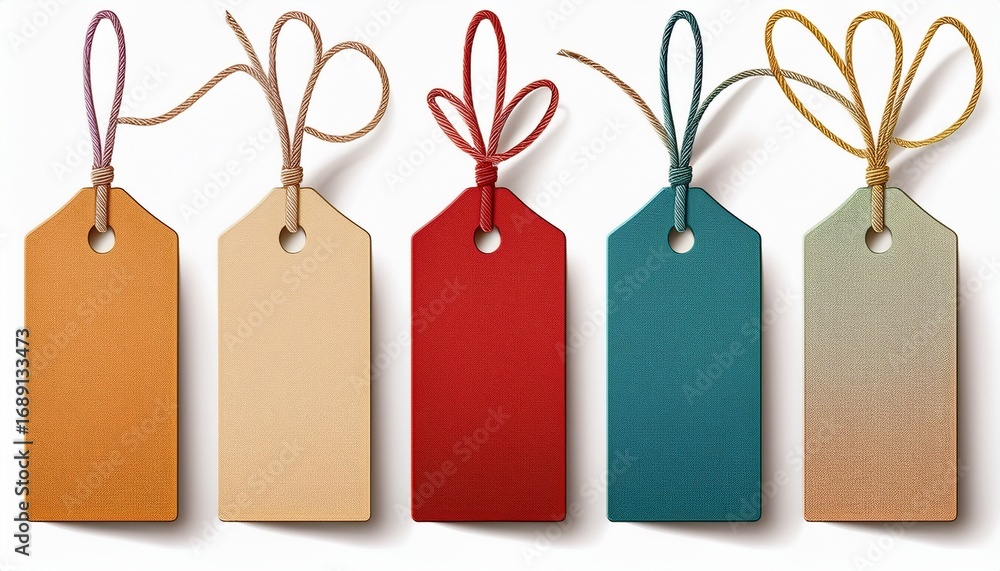 Fototapete carton paper label tags with natural linen string cord knot different coloured versions isolated on 