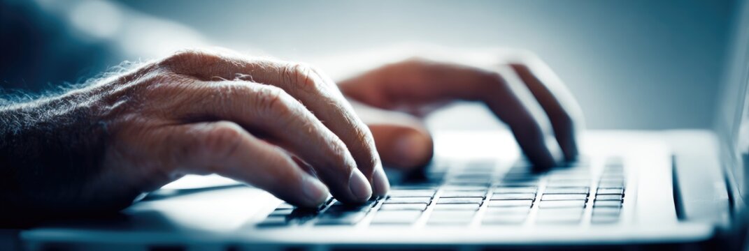 Close-up of hands typing on a laptop keyboard, with shallow depth of field and a blue hue