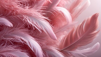 Fototapeta premium Close-up of pink feathers with soft lighting and delicate textures. Feather details and fluffy appearance. Decorative and elegant feather arrangement.