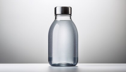 high detail frosted glass water bottle close up with an elegant and modern feel on a minimalist white background