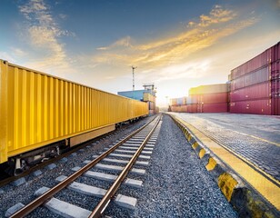 Fototapeta premium yellow cargo container on railway tracks at a busy port terminal global trade logistics concept