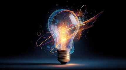 A glowing lightbulb with colorful abstract shapes and lines emanating from it on a dark background.