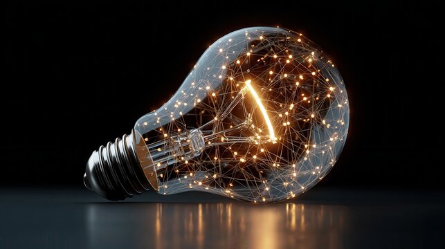 A glowing light bulb filled with vibrant, interconnected nodes, representing innovation and interconnected ideas. The light illuminates a dark reflective surface, symbolizing.