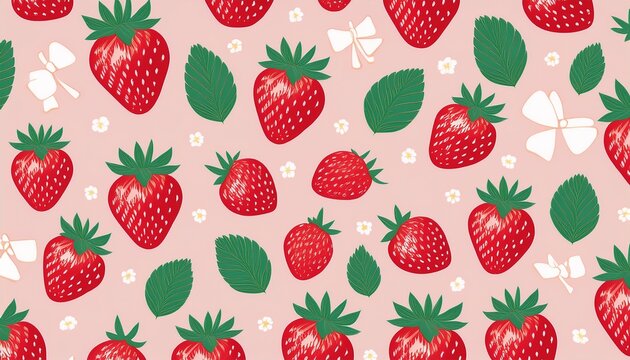 cute seamless pattern featuring red strawberries with green leaves and coquette bows on a pastel background ideal for fabric wallpaper and textiles - Powered by Adobe